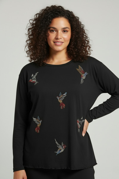 Mivoon Women's Plus Size Crew Neck Long Sleeve Stone Detailed Stretchy Blouse