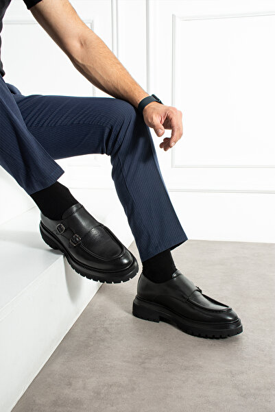 YAREL AYAKKABI Erkek Siyah Hakiki Deri Çift Tokalı Eva Taban Casual Ayakkabı