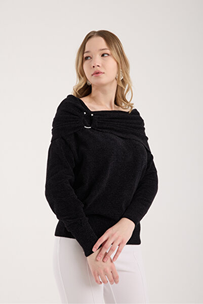 Moda Days Women's Black Chenille Velvet Accessory Shawl Collar Knitwear Sweater