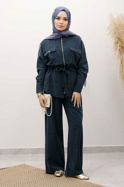 Tesettür Dünyası Drawstring Waist Zippered Double Suit Tsd250252 Indigo