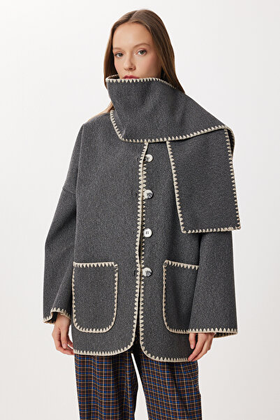 Lovelyİstanbul Scarf Detailed Embroidered Cashmere Jacket Lnt0015 Anthracite