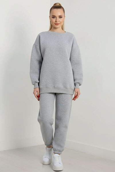 gigigiyim Crew Neck Solid Color Three Thread Women's Tracksuit Set