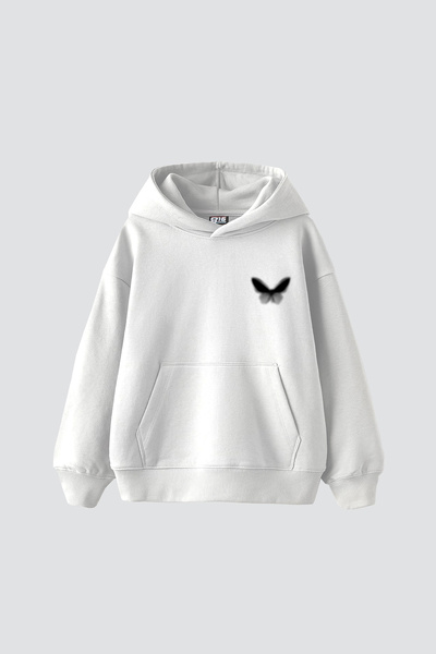 Bak Moda Dot Butterfly Printed Oversized Unisex White Hoodie