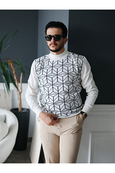 Avni Ceylan Men's White Geometric Patterned Knit Sweater