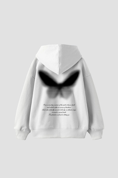 Bak Moda Dot Butterfly Printed Oversized Unisex White Hoodie