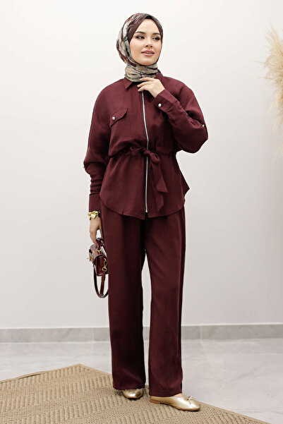 Tesettür Dünyası Drawstring Waist Zippered Double Suit Tsd250252 Burgundy