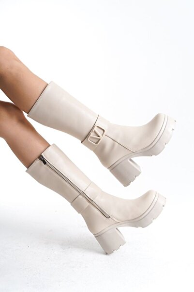 Zerenyus Moki Premium Beige V Detailed High Comfortable Heeled Short Boots