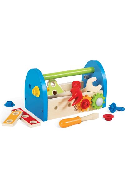 Hape Fix-It Wooden Tool Box with Accessories - 14-Piece Construction Workbench Set for Kids