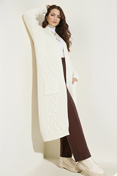 benguen Knitted Patterned Long Knitwear Cardigan R2817 Ecru