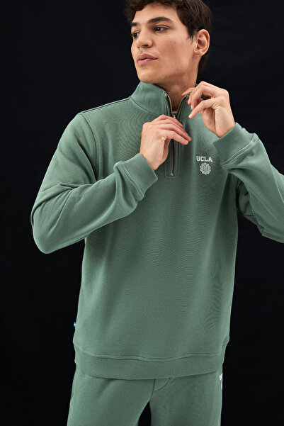 UCLA Leon Sage Green Half Zip Printed Standard Fit Men's Sweatshirt