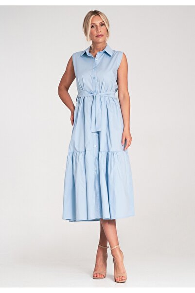Figl Rochie elegantă cu guler și fără mâneci - Rochie lungă de vară - Albastr...