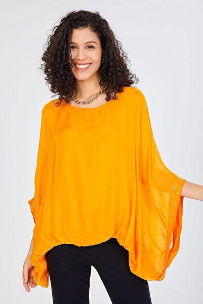 della moor Women's Orange Italian Bat Sleeve Sequin Detailed Silk Blouse