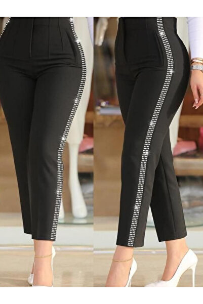 Modayakamoz Yeni Sezon Kadın Yüksek Bel Slim Krep Pantolon – Taş Detaylı Şık ...