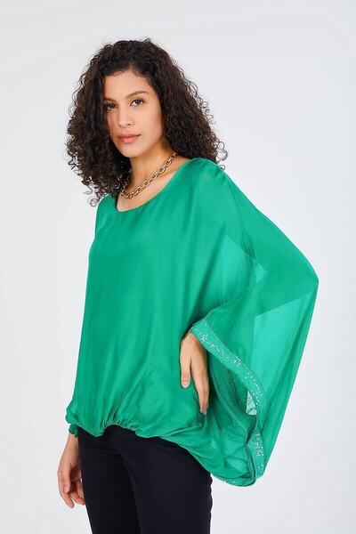 della moor Women's Green Italian Bat Sleeve Sequin Detailed Silk Blouse