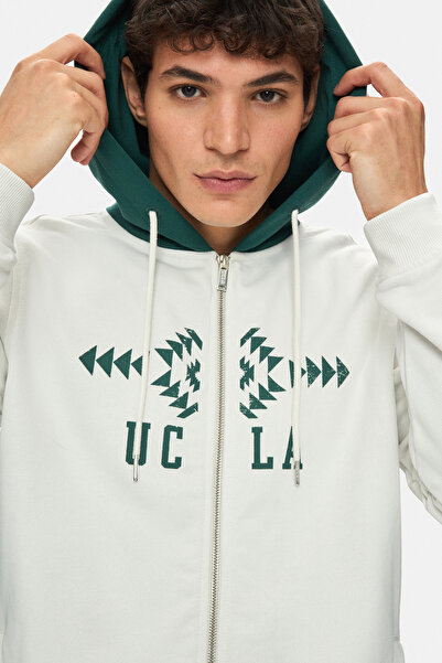 UCLA Ανδρικό φούτερ με φερμουάρ SPENCER Bone Color με κουκούλα με τύπωμα Standard Fit