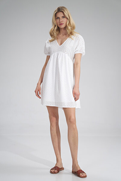 Figl White mini dress with V-neck - summer dress M763 size S/M