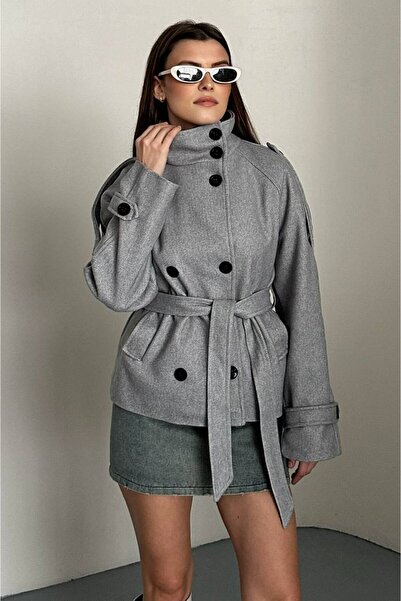 gm giyimarket Women's Belted Pocketed Waist-Tied Mock Neck Cashmere Coat