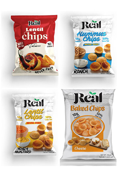 REAL وجبة خفيفة - عدس تاباسكو، خردل بالعسل، بطاطس مخبوزة بالجبنة وحمص رانش
