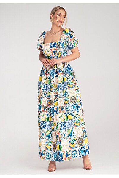 Figl Dress with square neckline and puff sleeves - Blue dress M1187 size L/XL