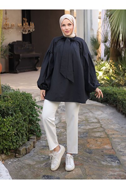 Nergis Neva Butik Tunic with Scarf at the Neck and Pleated Sleeves - Black - Nergis Neva