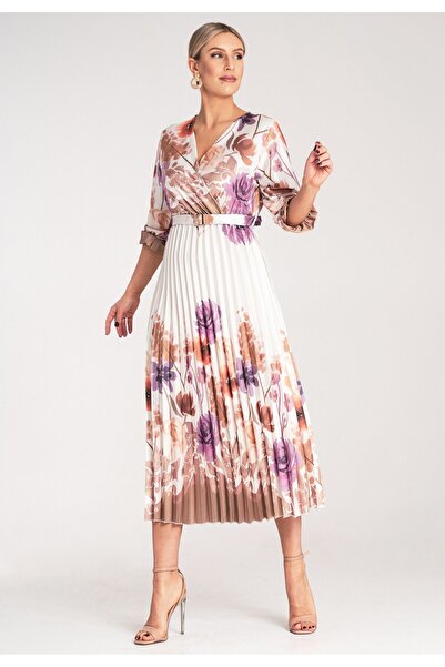 Figl Elegant dress with Printed - Satin dress - White dress with belt M1138 size L/XL