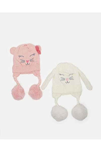 REDTAG طقم قبعات محبوكة باللونين الأبيض والوردي للبنات (قطعتين)