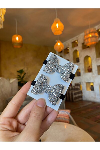 Little Sparkle Co. Silver Glitter Bow Rubber Buckle Set of 2 – Shiny Baby and Children's Hair Clip