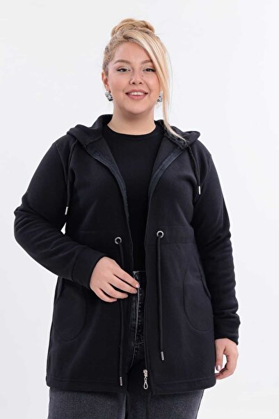 tarzımsüper Women's Plus Size Warm Leopard Fleece Hooded Zippered Sweatshirt