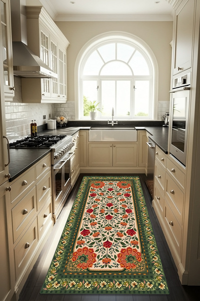 Etnik Dekor Gelincik Bahçesi Dijital Baskı Kaymaz Taban Makinede Kolay Yıkana...