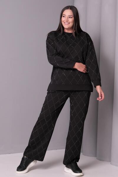 Ebsumu Women's Plus Size Baklava Pattern Stone Print Black Tracksuit Set