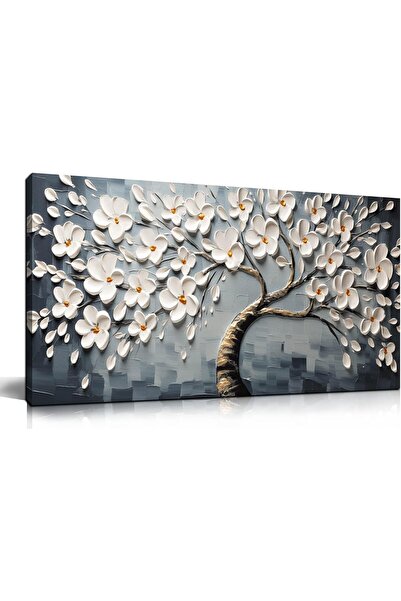 Emoda home Trove Framed Canvas Wall Art (60x120 cm) White Flowers Tree of Lif...