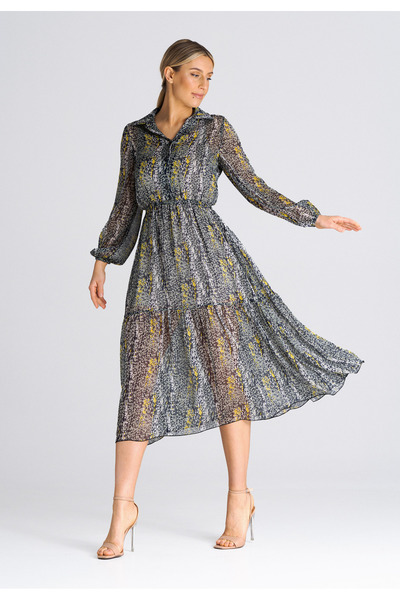 Figl Floral Printed flared dress - Grey dress with collar M942 size L/XL