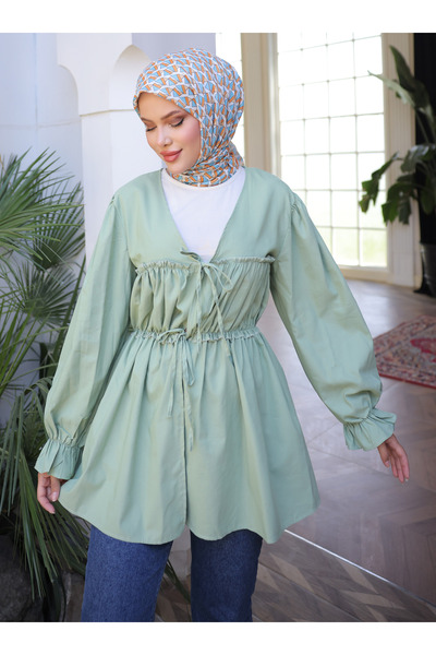Nergis Neva Butik Belted Drawstring Kimono Tunic - Green - Nergis Neva