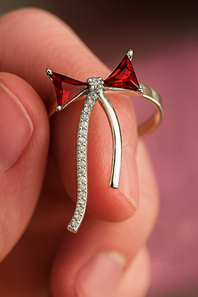 Gofeel Kırmızı Kurdele Motifli İnce Zarif Kadın Yüzüğü