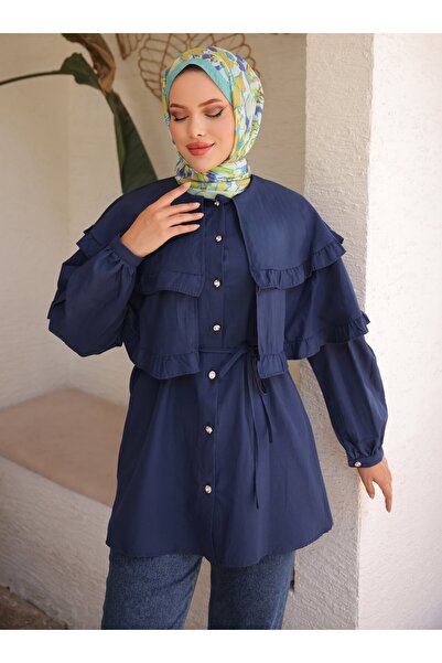 Nergis Neva Butik Double Caped Tunic - Navy Blue - Nergis Neva