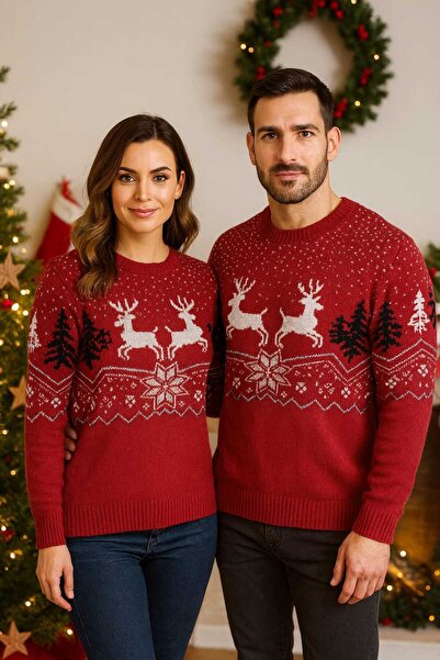 ANATOLIATEKSTILE Unisex Christmas Sweater – Reindeer & Snowflake Pattern – Soft, Warm, Ideal for the Holidays