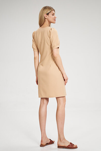 Figl Beige mini dress with square neckline and short sleeves - M704 size M