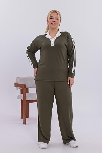 Siyezen Plus Size Gold Button Detailed Striped Suit