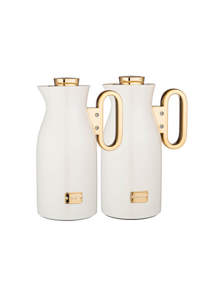 LALOZA ✨ Luxury 2-piece thermos set – glossy white with gold handle | For tea and coffee (1 liter) ✨