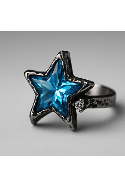 Gofeel Mavi Yıldız Çerçeveli Parlak Detaylı Yüzük