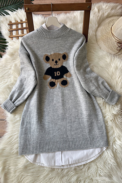 MODAQU Teddy Bear Patterned Soft Sweater Tunic - Gray