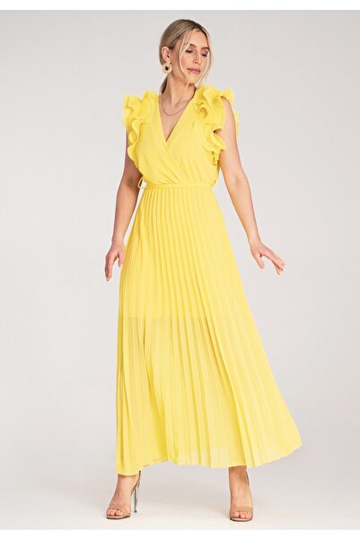 Figl Pleated maxi dress - Ruffle sleeve dress - Yellow dress M1189 size S/M