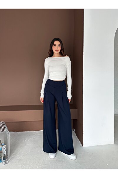 winmoda Soft Textured Front Plied Pants - Modal Fabric Wide Pants with Front Plied