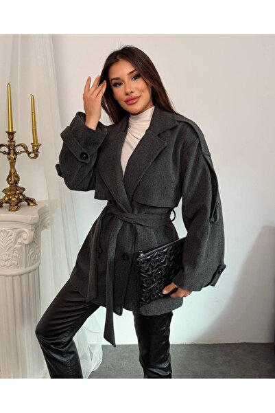 gm giyimarket New Season Premium Quality Trend Belted Short Cashmere Coat