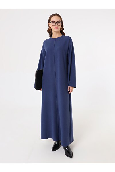 Benin Soft Buttoned Stitching Detailed Hijab Dress - Dark Night -