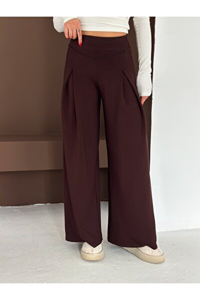 winmoda Soft Textured Front Plied Pants - Modal Fabric Wide Pants with Front Plied