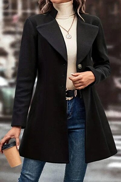 dk denemekabini Palton scurt pentru femei, cu mâneci lungi, cu rever, cu nasturi în față - negru