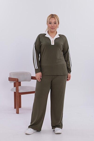 Siyezen Plus Size Gold Button Detailed Striped Suit