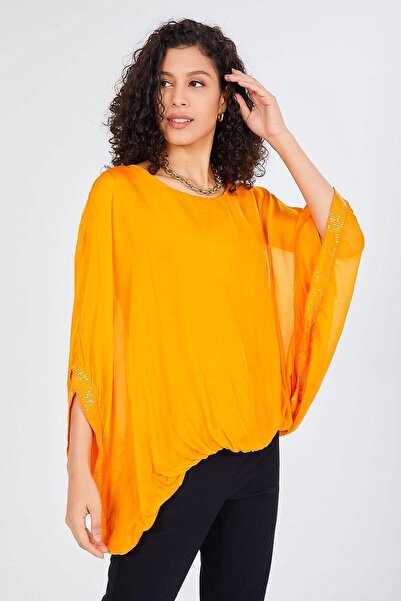 della moor Women's Orange Italian Bat Sleeve Sequin Detailed Silk Blouse