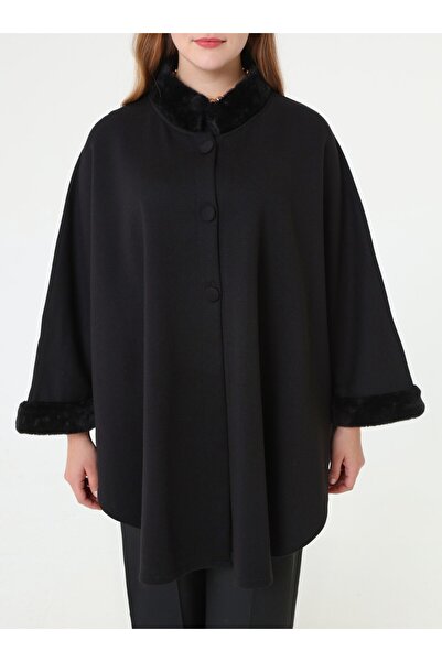 ALİA Cape Poncho with Fur Detail on the Sleeves and Collar - Black -